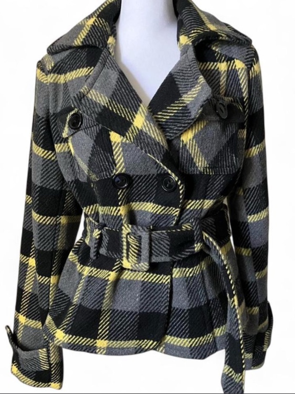 B Mosa Gray & Yellow Plaid Womens Peacoat size Medium - Picture 2 of 7
